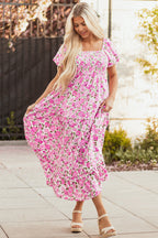 Pink Dainty Floral Smocked Puff Sleeve Maxi Dress by Dear-Lover, flowy long dress with floral print and puff sleeves.