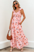 Pink floral maxi dress with V-neck, smocked waist, and ruffle hem, featuring long length and elegant design by Dear-Lover.