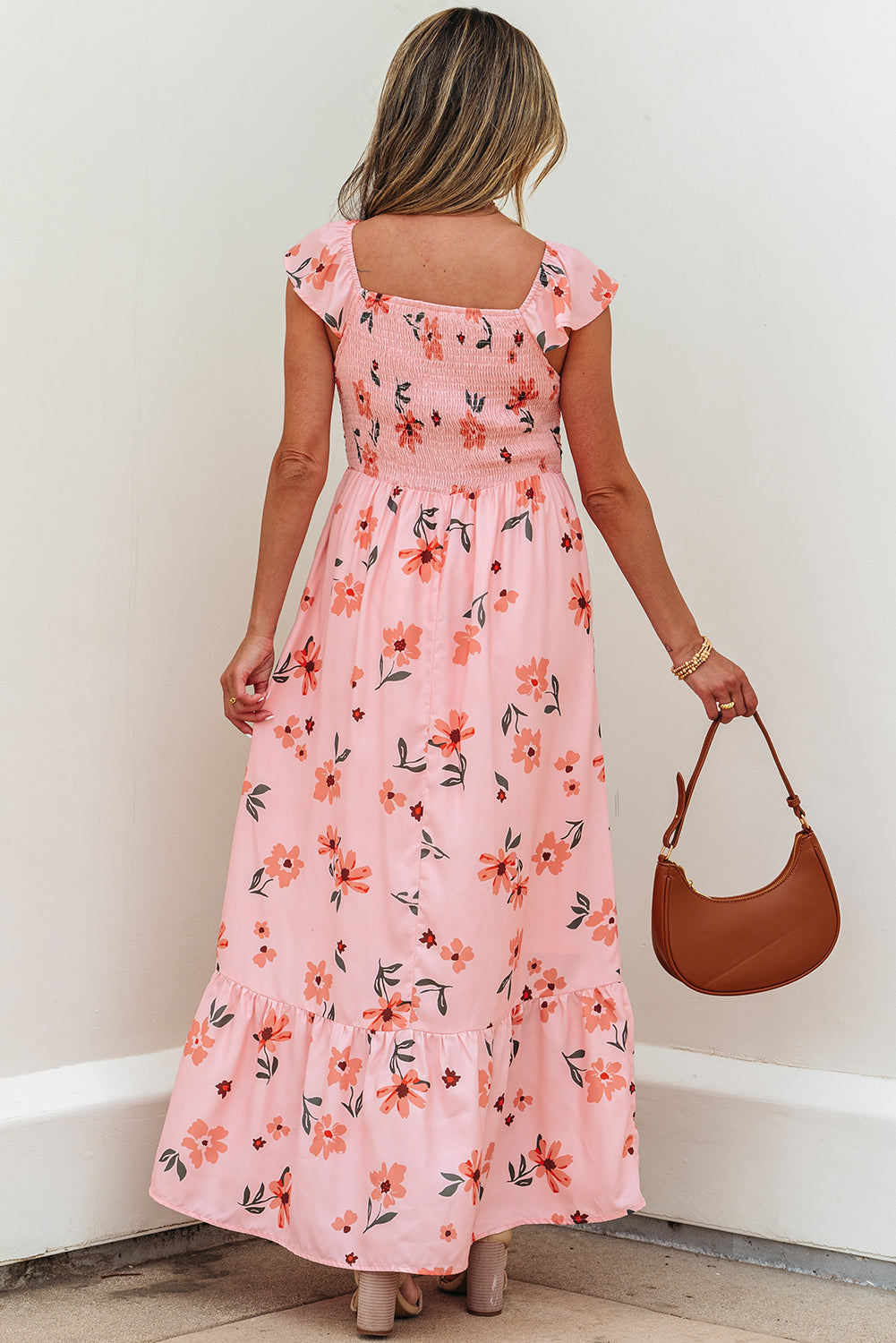 Pink floral V-neck maxi dress by Dear-Lover with smocked high waist and ruffle hem, perfect for elegant summer wear.