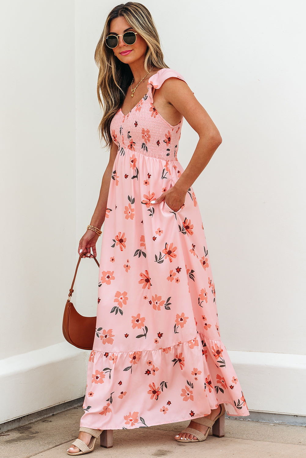 Pink floral maxi dress with V-neck, smocked waist, ruffle hem, and long length from Dear-Lover Dropshipping.