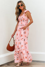Pink floral maxi dress with V-neck, smocked waist, ruffle hem, and long length by Dear-Lover Dropshipping