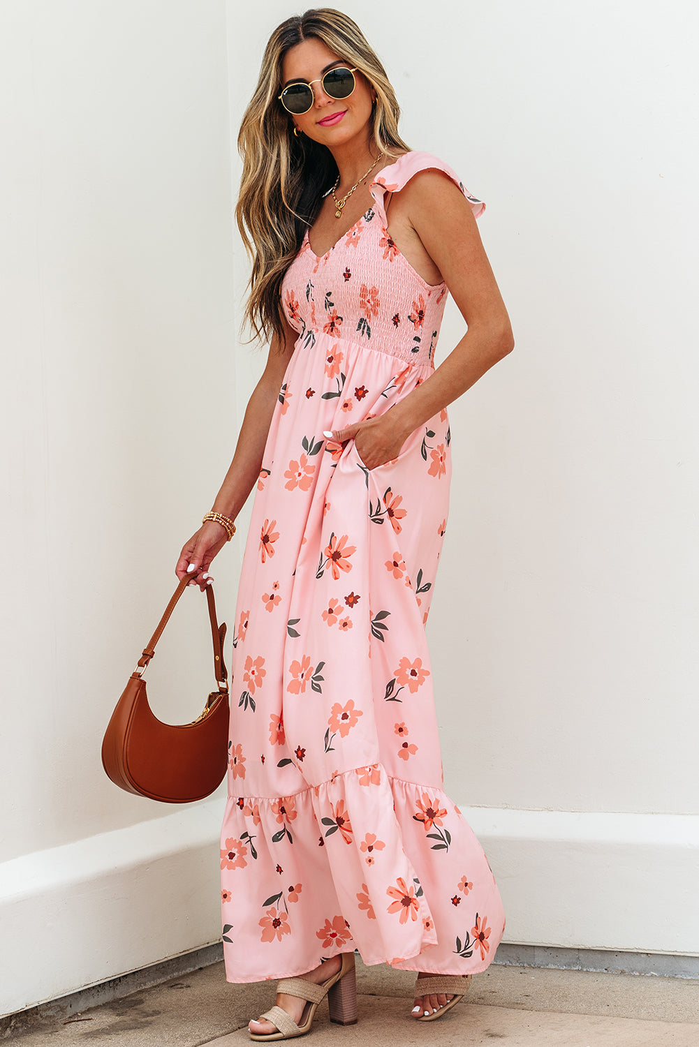 Pink floral maxi dress with V-neck, smocked waist, ruffle hem, and long length by Dear-Lover Dropshipping