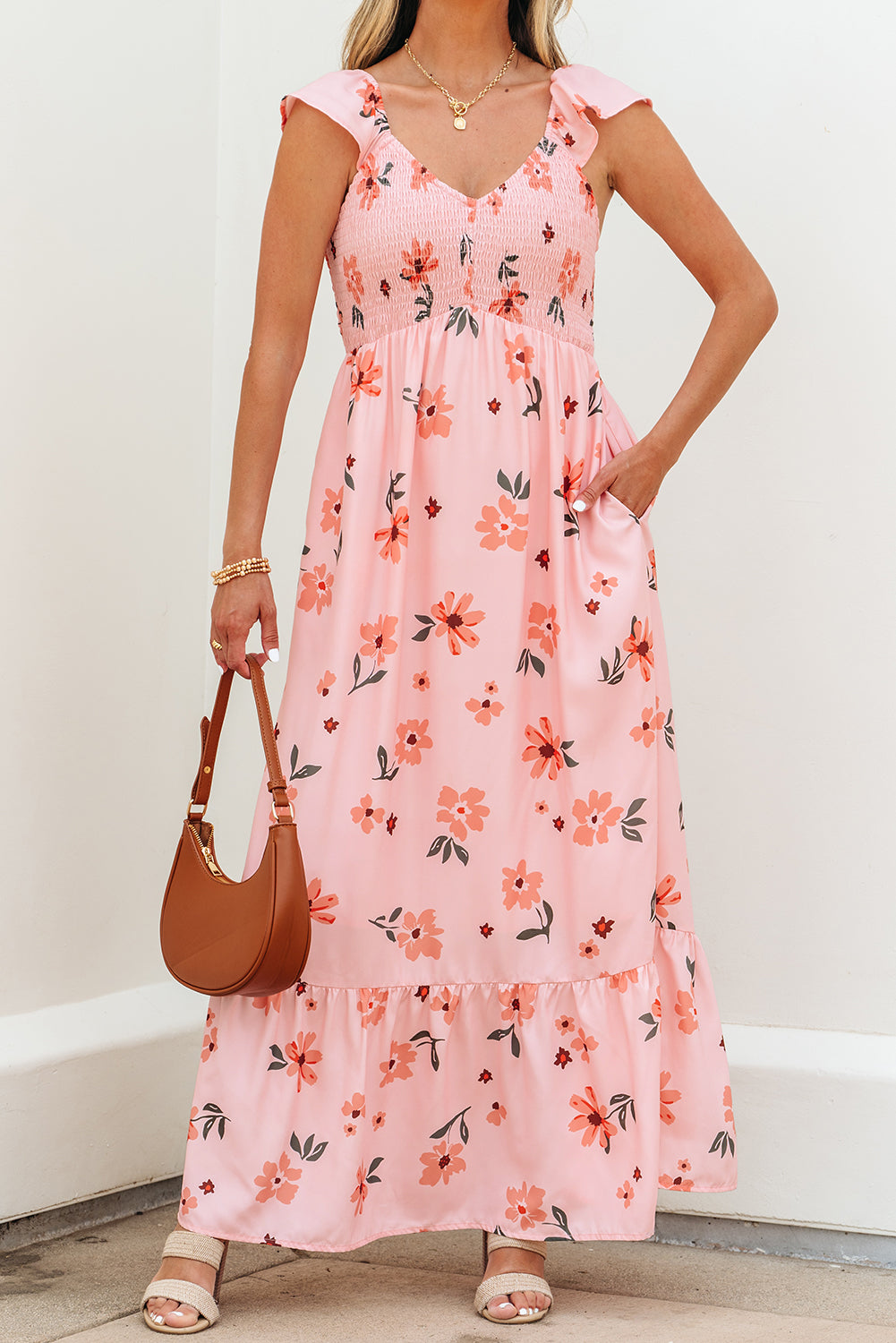 Pink floral V-neck maxi dress with smocked waist and ruffle hem, long style by Dear-Lover Dropshipping for elegant summer wear.