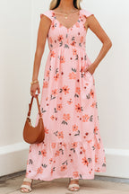 Pink floral V-neck maxi dress with smocked waist and ruffle hem, long style by Dear-Lover Dropshipping for elegant summer wear.