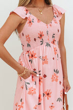 Pink floral maxi dress by Dear-Lover with V-neck, smocked waist, high waist, and ruffle hem, long flowing design in polyester.