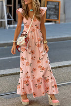 Pink floral maxi dress with V-neck, smocked waist, ruffle hem, and long flowy design by Dear-Lover Dropshipping