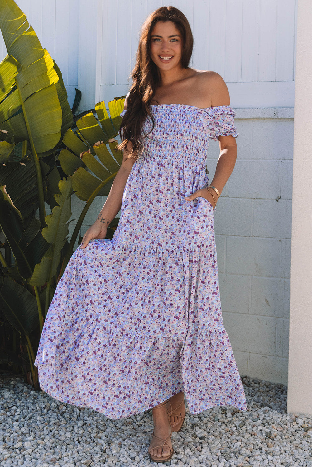 Purple floral maxi dress by Dear-Lover with short bubble sleeves, shirred high waist, and flowing design in polyester fabric.