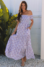 Purple floral maxi dress by Dear-Lover with short bubble sleeves, shirred high waist, and flowing design in polyester fabric.