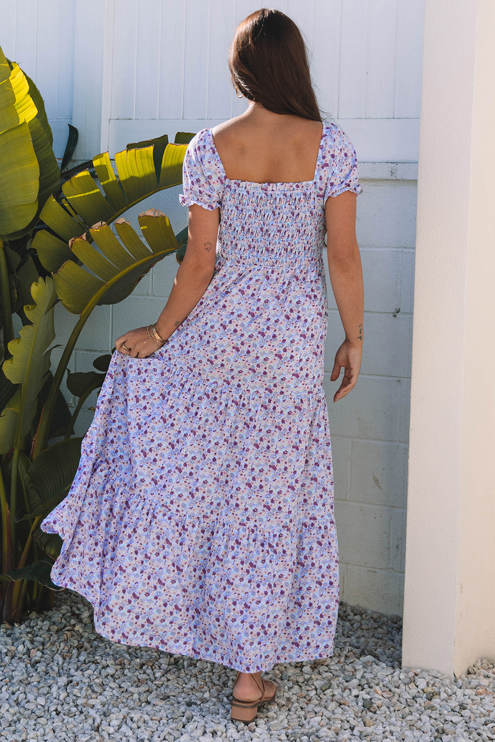 Purple floral maxi dress by Dear-Lover with short bubble sleeves, shirred high waist, and flowy fabric for a stylish look.