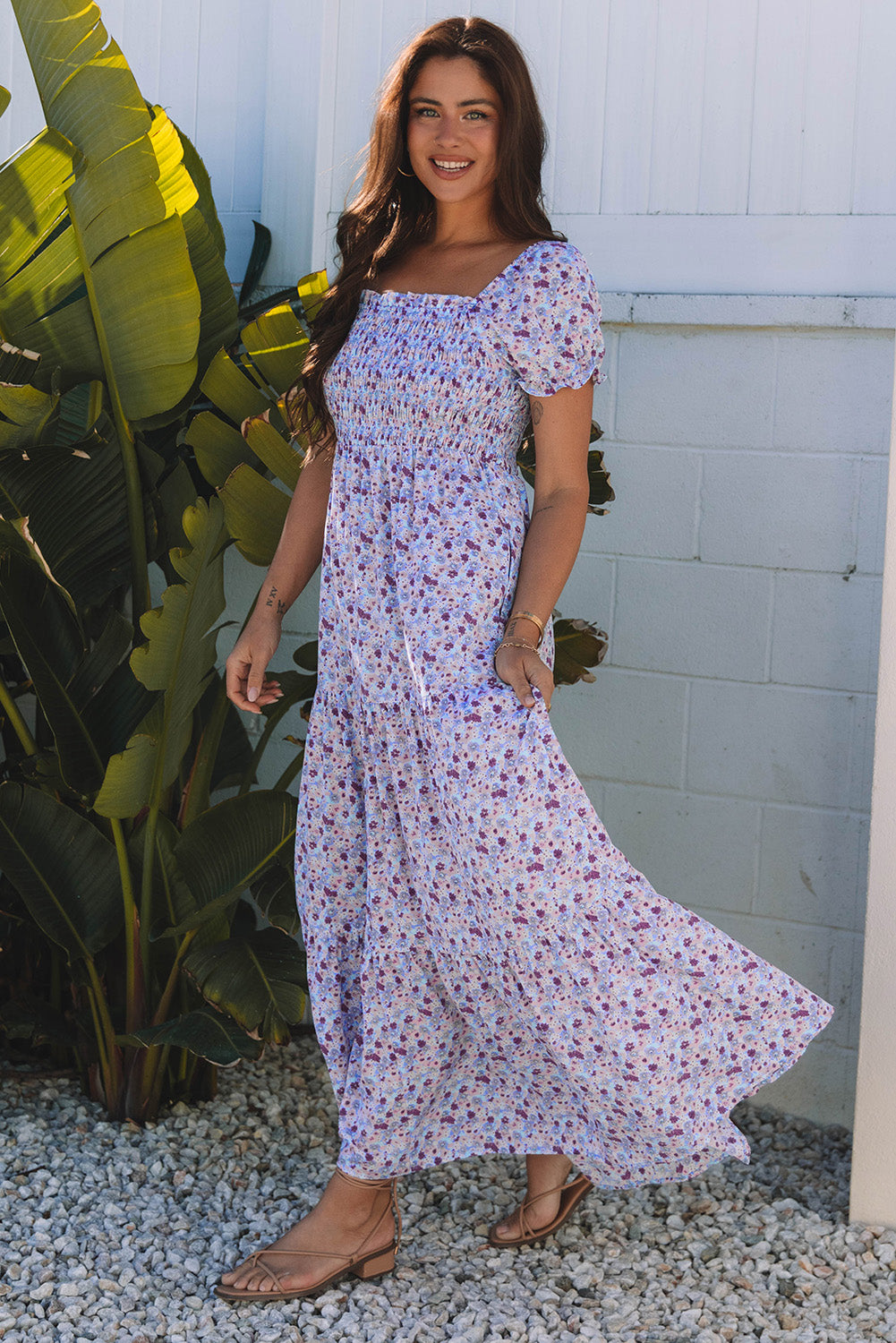 Purple floral maxi dress by Dear-Lover with short bubble sleeves, shirred high waist, made of lightweight polyester fabric.