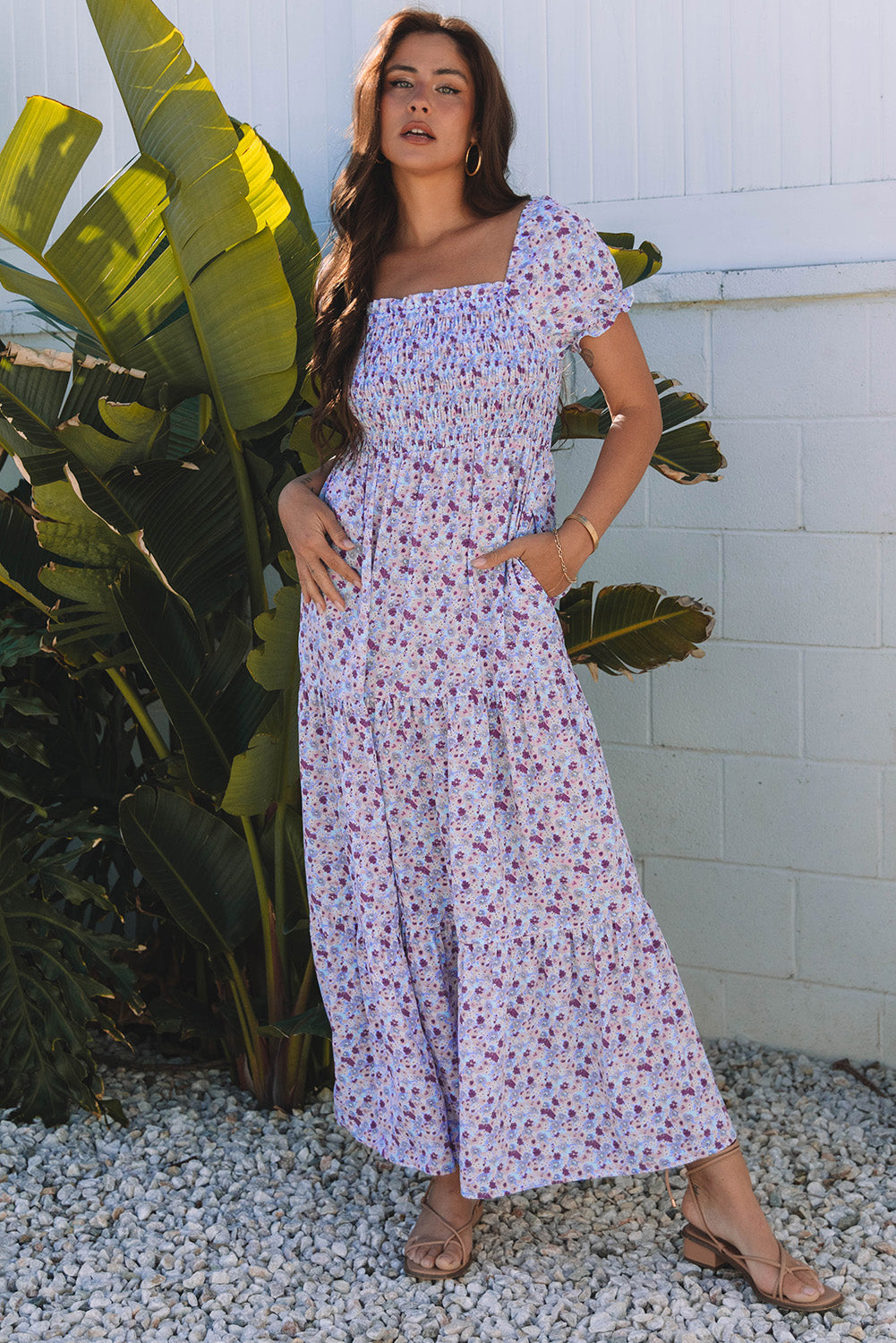 Purple floral maxi dress by Dear-Lover with short bubble sleeves, shirred high waist, and flowy design for elegant summer style.