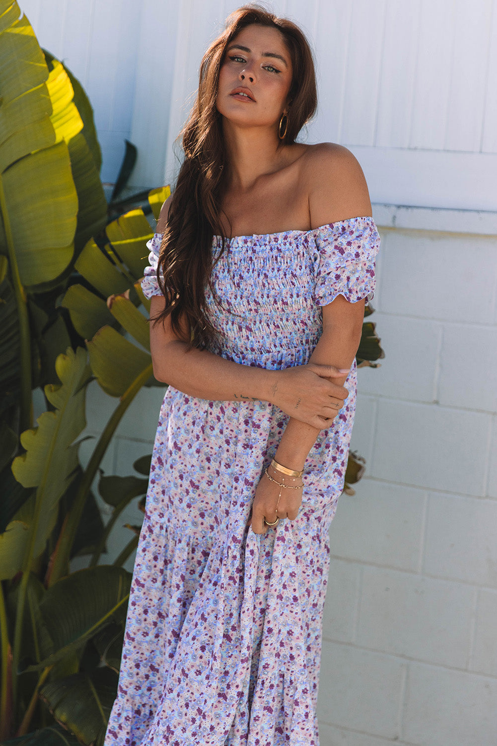 Purple floral maxi dress with short bubble sleeves, shirred high waist, made of lightweight polyester, by Dear-Lover Dropshipping.