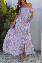 Purple floral maxi dress by Dear-Lover with short bubble sleeves, shirred high waist, and flowy fabric for elegant summer style.