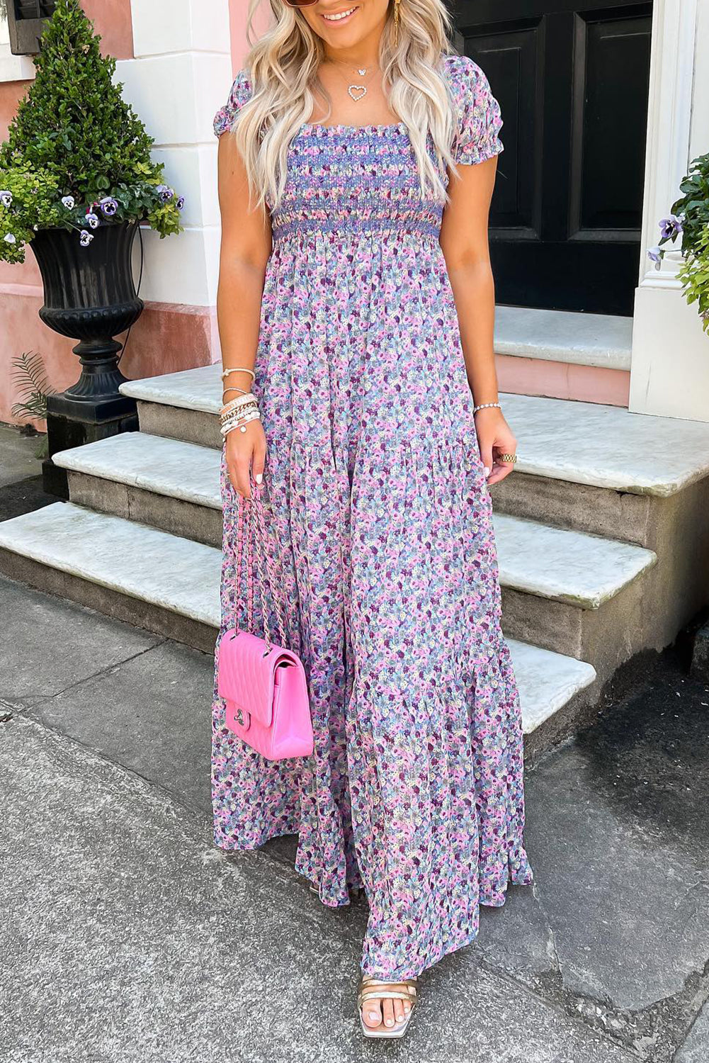 Purple floral maxi dress with short bubble sleeves, shirred high waist, made of polyester, by Dear-Lover Dropshipping.