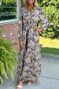 Sky blue floral print smocked high waist maxi dress with long sleeves, made of polyester, by Dear-Lover Dropshipping.