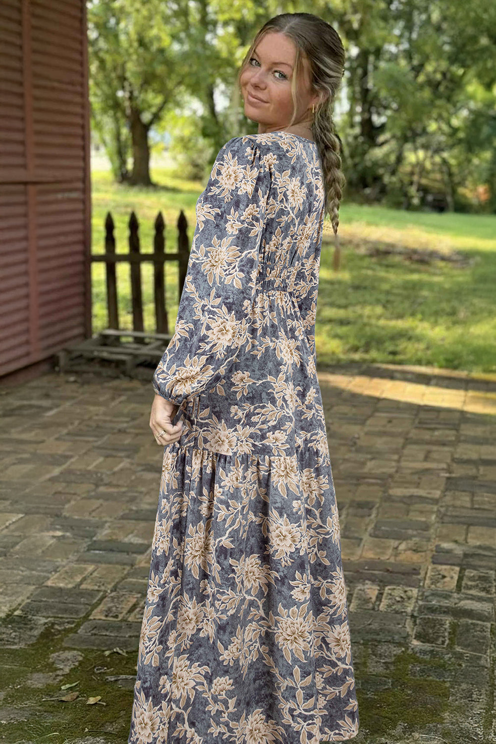 Sky blue floral print smocked high waist maxi dress with long sleeves from Dear-Lover, featuring a flowing, elegant design.