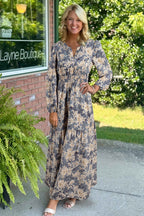 Sky blue floral print maxi dress with smocked high waist and long sleeves, made of polyester, from Dear-Lover.
