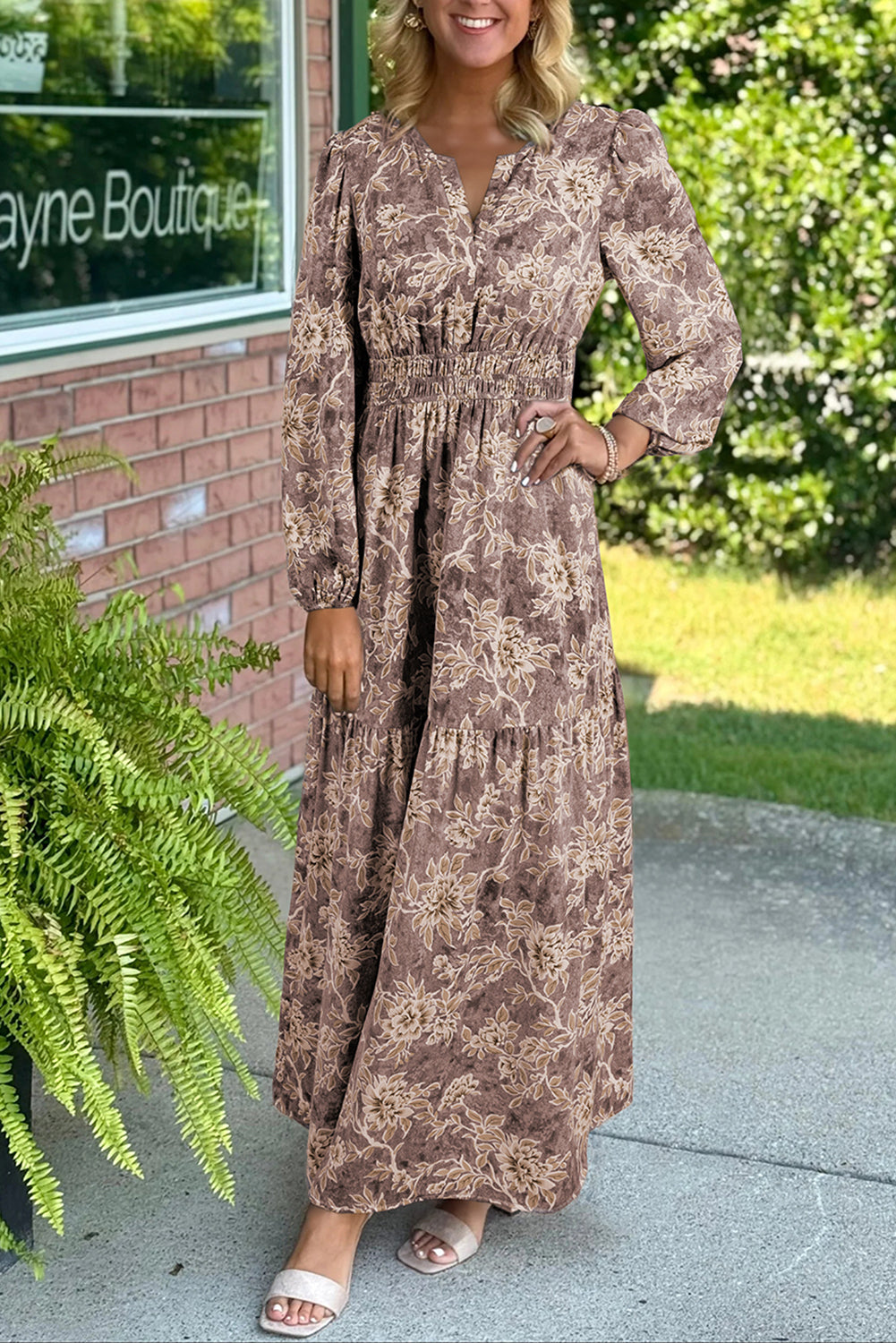 Sky blue floral print maxi dress with smocked high waist and long sleeves, made by Dear-Lover Dropshipping.