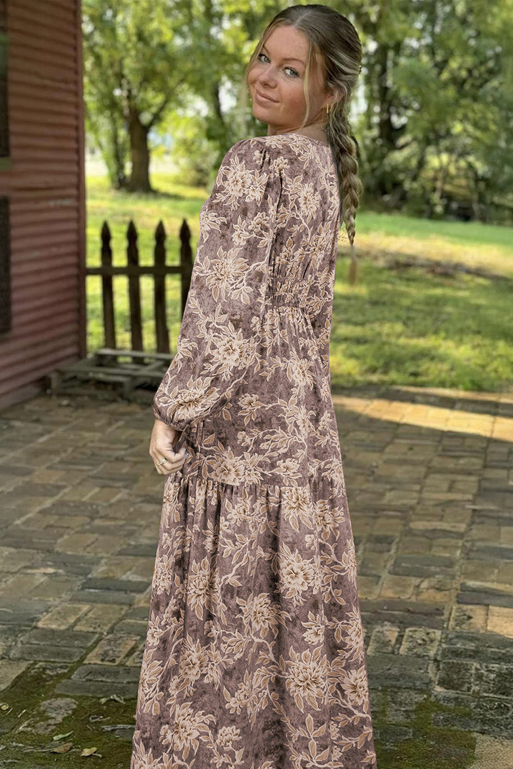 Sky blue floral print smocked high waist maxi dress with long sleeves from Dear-Lover, perfect for elegant summer or spring wear.