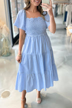 Beau blue flowy short sleeve lace detail square neck tiered midi dress by Dear-Lover, made of cotton and viscose.