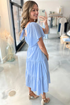 Beau Blue Flowy Short Sleeve Lace Detail Square Neck Tiered Midi Dress by Dear-Lover, showcasing its lightweight fabric and elegant design.