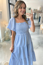 Beau Blue flowy short sleeve lace detail tiered midi dress by Dear-Lover, featuring a square neckline and lightweight cotton-viscose fabric.