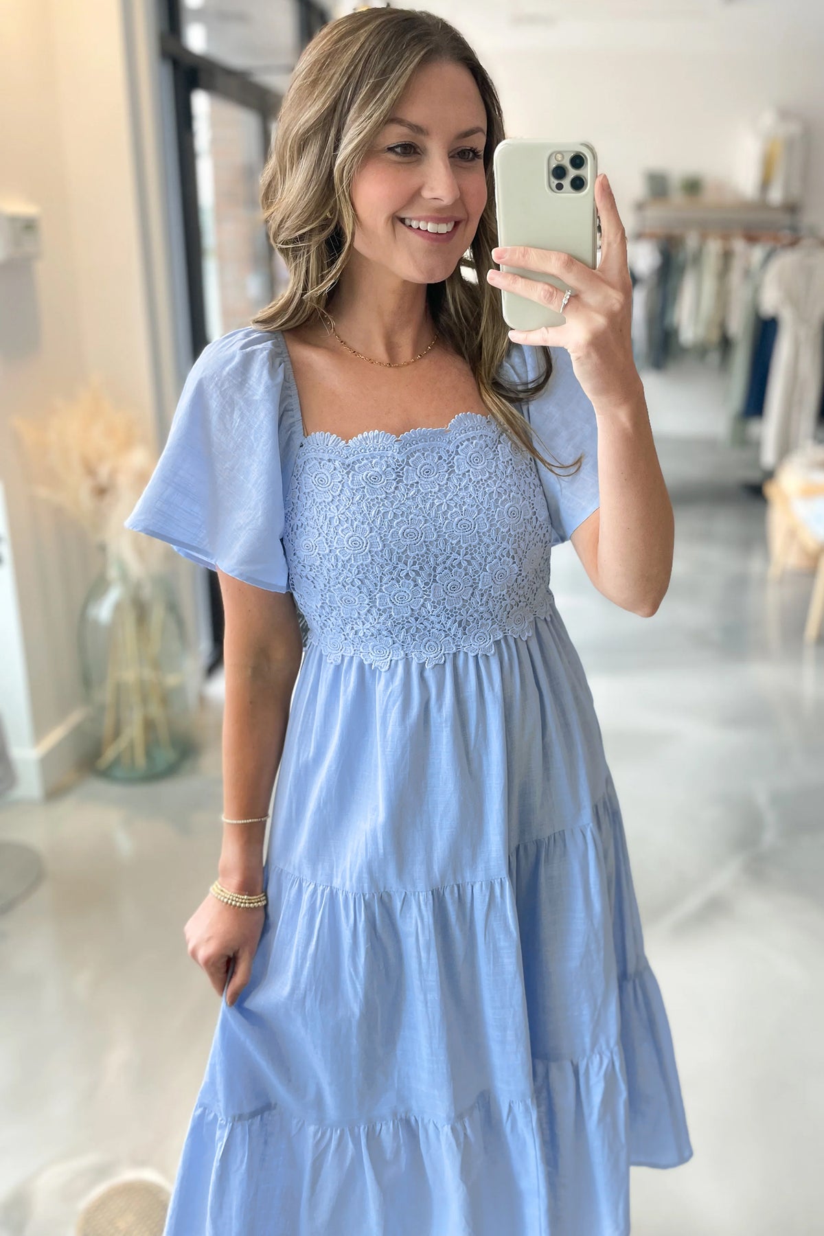 Beau Blue flowy short sleeve lace detail tiered midi dress by Dear-Lover, featuring a square neckline and lightweight cotton-viscose fabric.