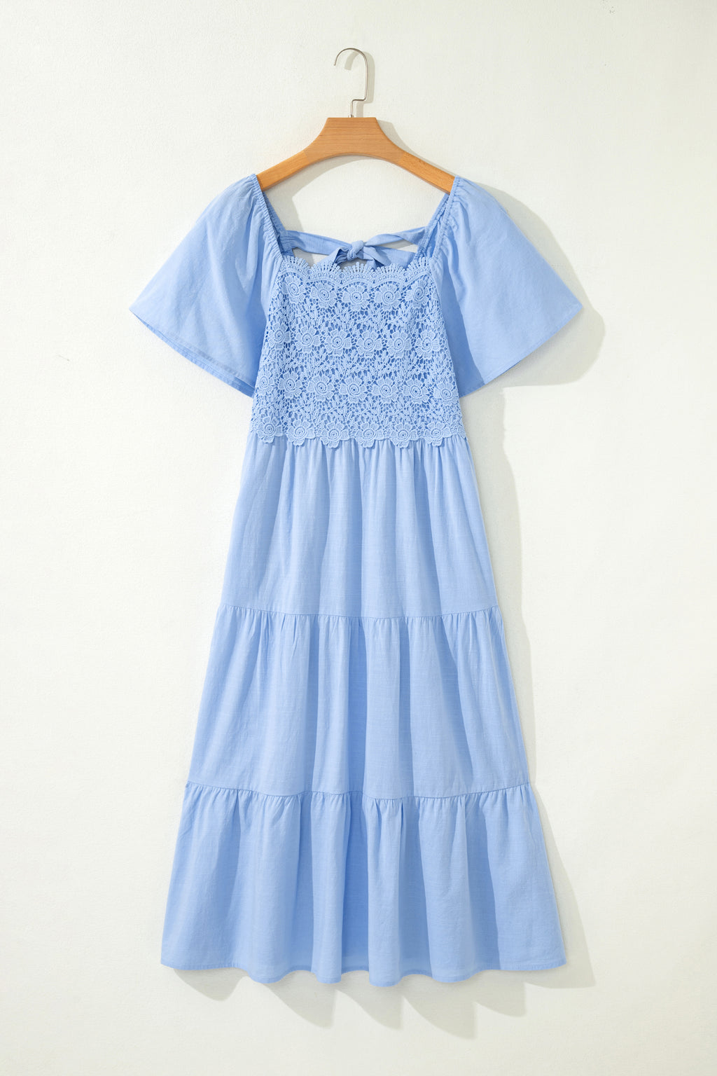 Beau Blue flowy short sleeve midi dress with lace detail, square neckline, tiered design, made of cotton and viscose fabric.