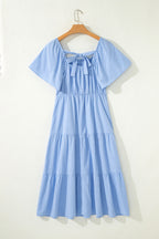 Beau Blue flowy short sleeve lace detail square neck tiered midi dress by Dear-Lover, made of cotton and viscose fabric.