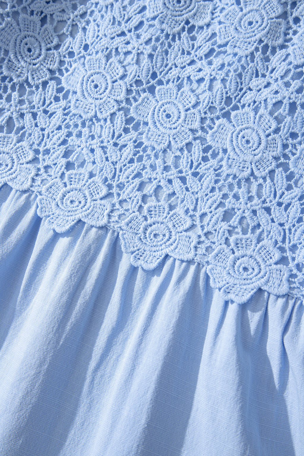 Beau blue flowy short sleeve midi dress with lace details, square neckline, and tiered design by Dear-Lover Dropshipping.