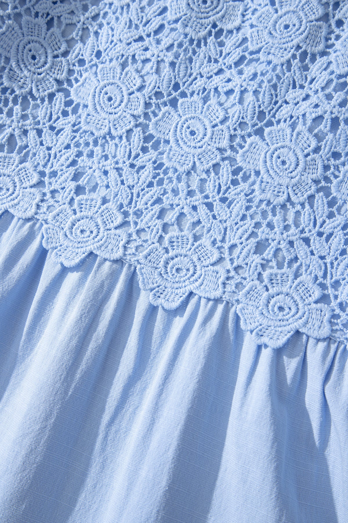 Beau blue flowy short sleeve midi dress with lace details, square neckline, and tiered design by Dear-Lover Dropshipping.