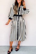 Black stripe midi dress with 3/4 puff sleeves, shirt-style button-down design, made from 100% viscose, by Dear-Lover.