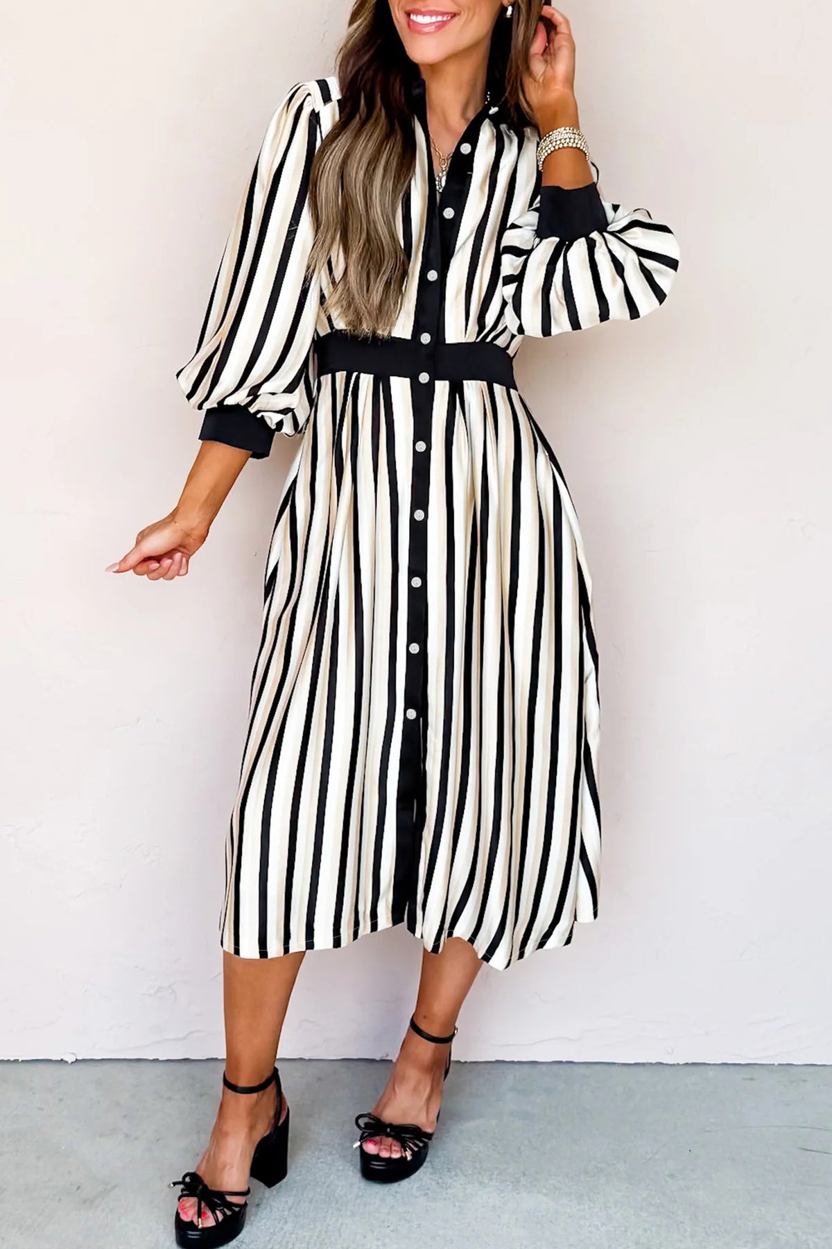 Black stripe midi dress with 3/4 puff sleeves, shirt-style button-down design, made from 100% viscose, by Dear-Lover.