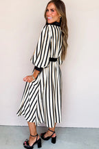 Black stripe midi dress with puff 3/4 sleeves, button-down style, made from viscose fabric, by Dear-Lover.