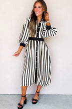 Black stripe midi dress with 3/4 puff sleeves, button-down style, made from viscose fabric, from Dear-Lover Dropshipping.