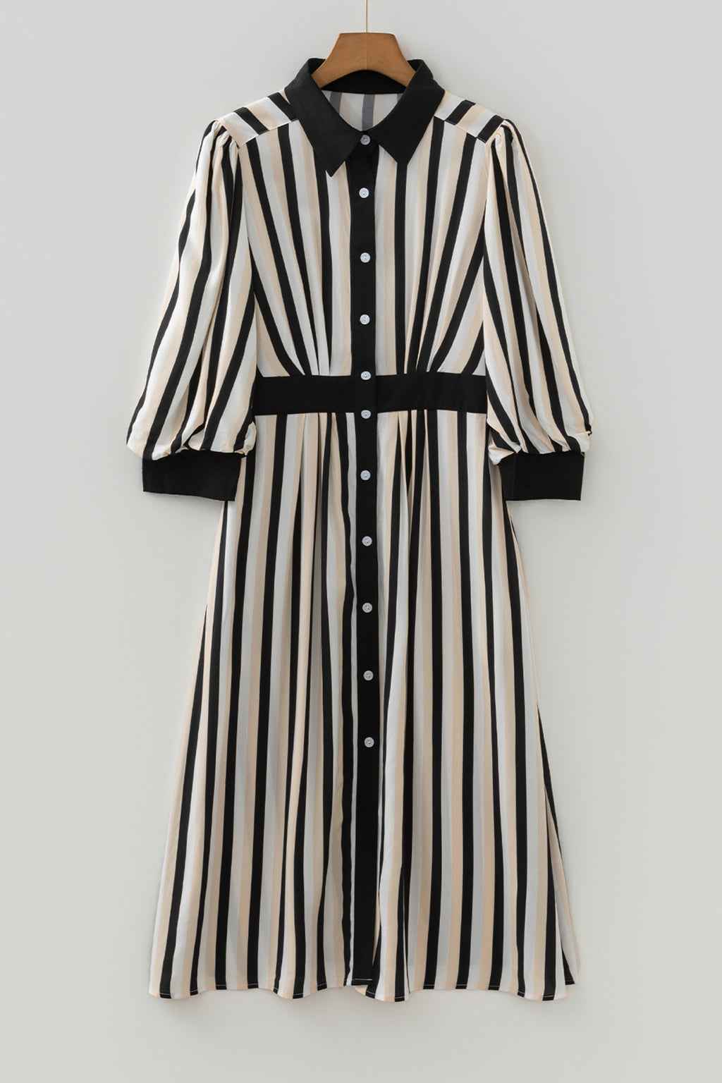 Black stripe midi dress with puff 3/4 sleeves, button-down style, made from viscose, by Dear-Lover Dropshipping.