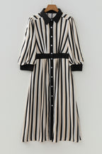 Black stripe midi dress with puff 3/4 sleeves, button-down style, made from viscose, by Dear-Lover Dropshipping.