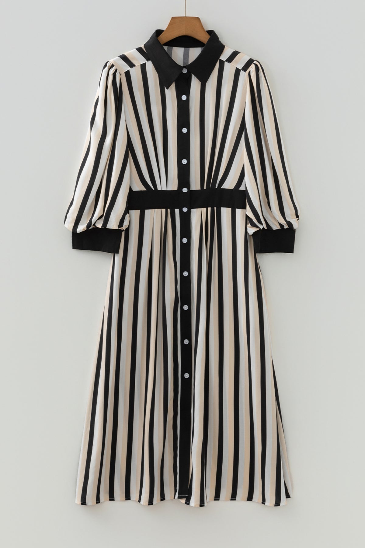 Black stripe midi dress with puff 3/4 sleeves, button-down style, made from viscose, by Dear-Lover Dropshipping.