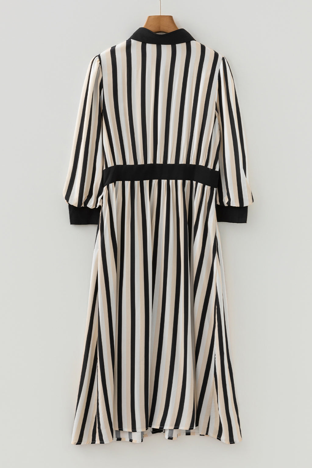 Black stripe midi dress with puff 3/4 sleeves, button-down style, made from 100% viscose, by Dear-Lover Dropshipping.