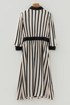 Black stripe midi dress with puff 3/4 sleeves, button-down style, made from 100% viscose, by Dear-Lover Dropshipping.