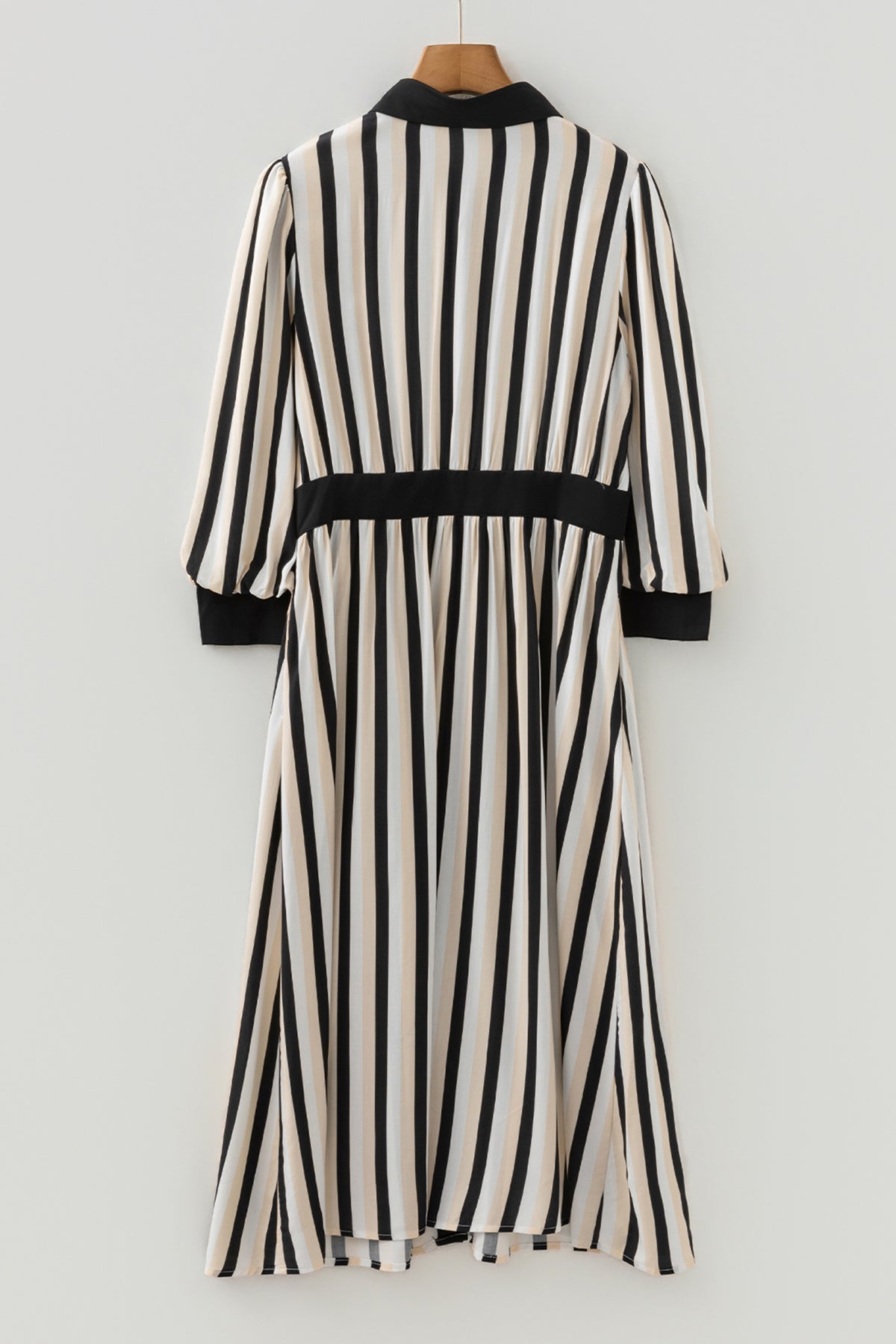 Black stripe midi dress with puff 3/4 sleeves, button-down style, made from 100% viscose, by Dear-Lover Dropshipping.