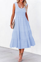 Green Dear-Lover sleeveless midi dress with shirred pleats and square neckline, made of polyester and elastane, in a classic design.
