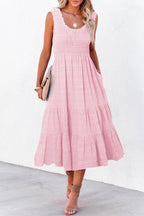 Green Dear-Lover sleeveless midi dress with shirred pleats, square neckline, and elastic waist, perfect for casual or dressy occasions.