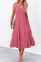 Green Dear-Lover sleeveless midi dress with shirred pleats and square neckline, made of polyester and elastane, perfect for elegant occasions.