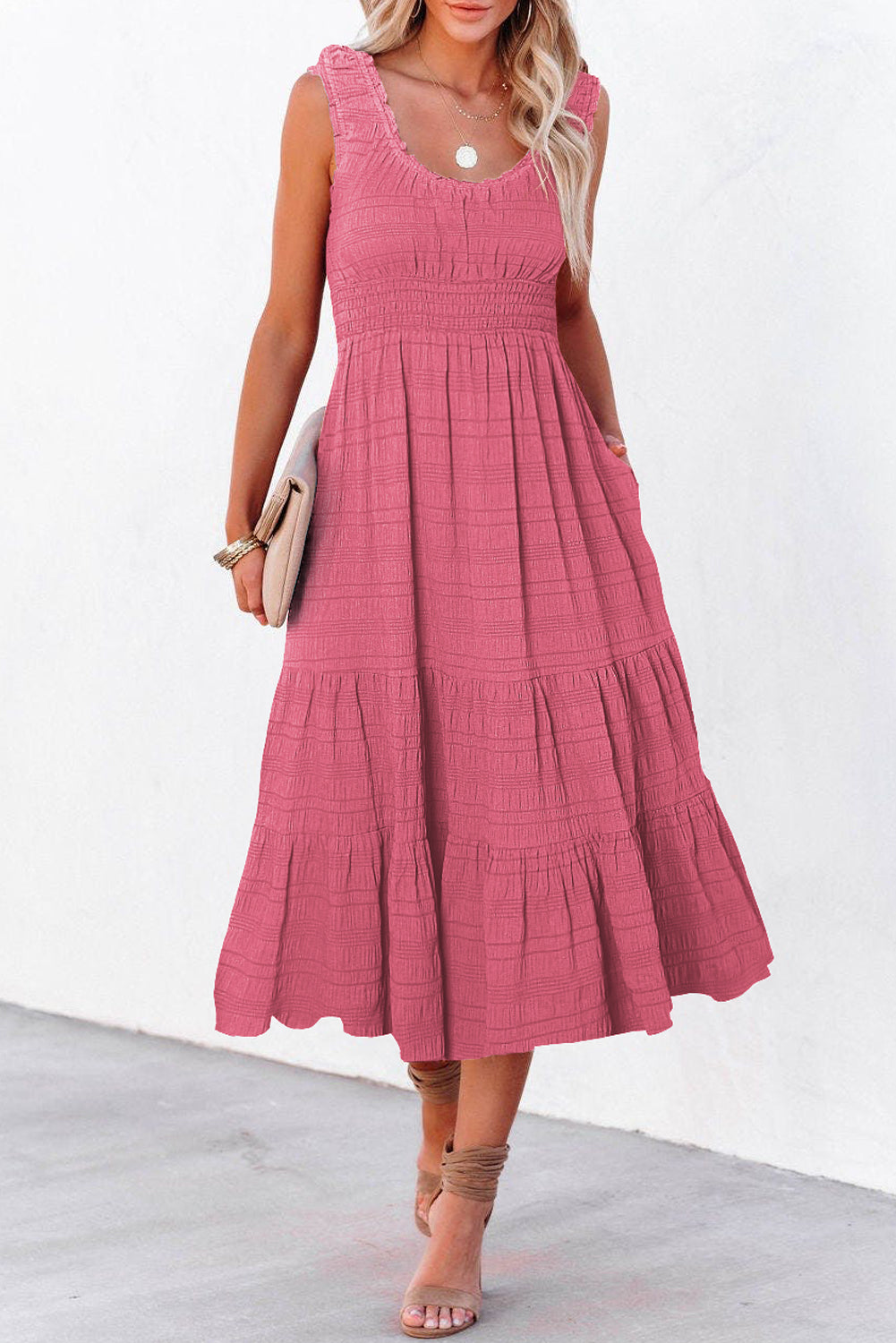 Green Dear-Lover sleeveless midi dress with shirred pleats and square neckline, made of polyester and elastane, perfect for elegant occasions.