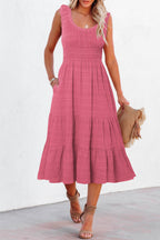 Green Dear-Lover sleeveless midi dress with shirred pleats and square neckline, made of polyester and elastane, perfect for elegant occasions.