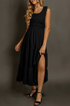 Green Dear-Lover sleeveless midi dress with shirred pleats and square neckline, made of polyester and elastane, styled for summer.