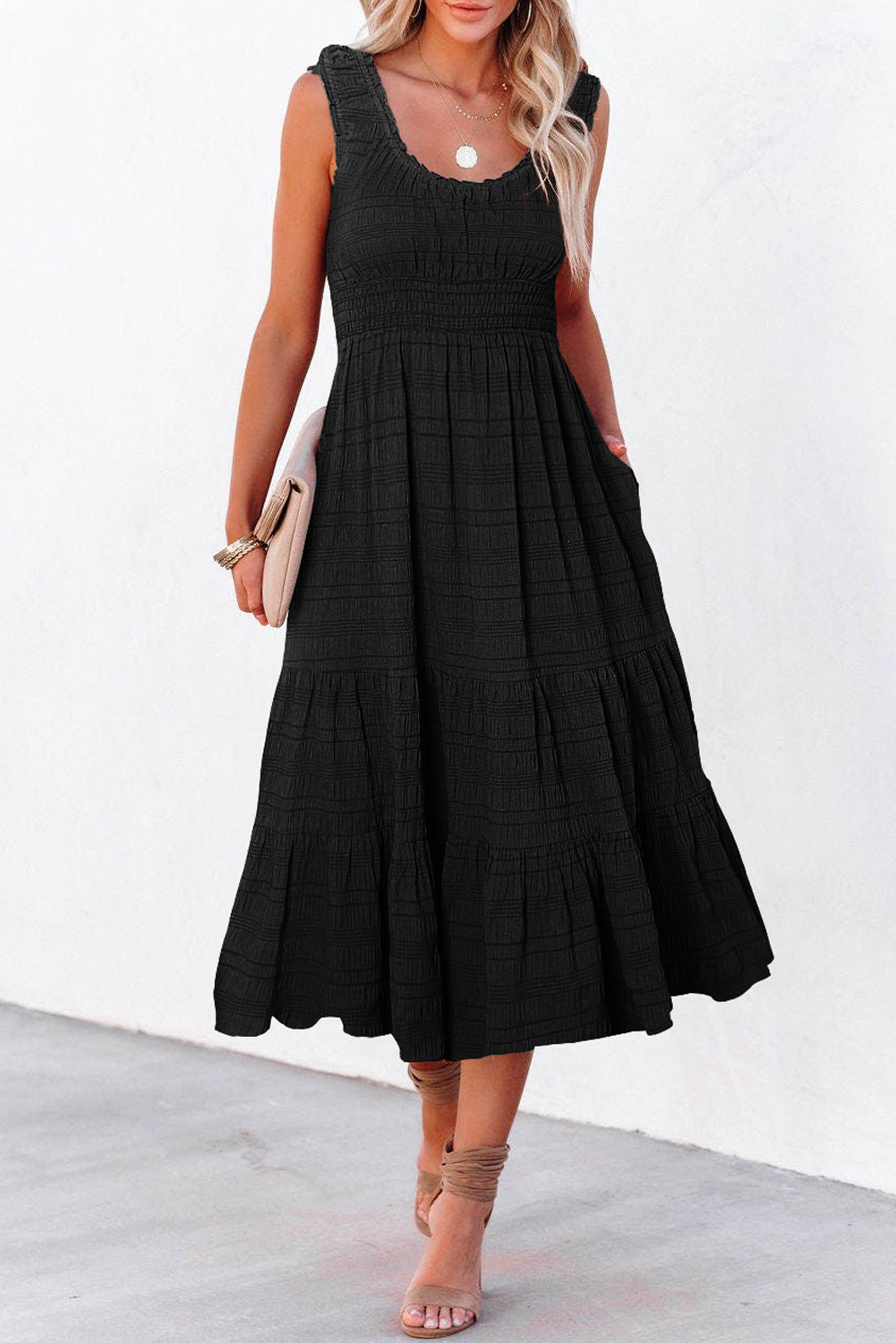 Green Dear-Lover sleeveless midi dress with shirred pleats and square neckline, made of polyester and elastane, perfect for stylish occasions.