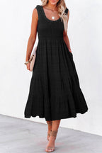 Green Dear-Lover sleeveless midi dress with shirred pleats and square neckline, made of polyester and elastane, perfect for stylish occasions.