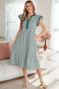 Green stripe midi dress by Dear-Lover with double ruffles, short sleeves, contrast trim, and V-neck in a stylish, casual design.